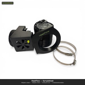 Könnte beinhalten: Ein schwarzes HeatFlow Komplettset, bestehend aus einem quadratischen Adapter, einem kreisförmigen Adapter mit dem Text "HeatFlow", einem flexiblen schwarzen Schlauch und zwei Metallklemmen. Das Set ist für Lüftungs- oder Heizsysteme konzipiert.