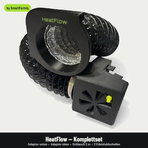Może przedstawiać: Zestaw wentylacyjny HeatFlow zawierający czarny plastikowy adapter górny z zielonym napisem, elastyczny czarny wąż typu harmonijka z metalicznym wnętrzem oraz czarny adapter dolny z otworem wentylacyjnym w kształcie gwiazdy i żółtym bolcem.