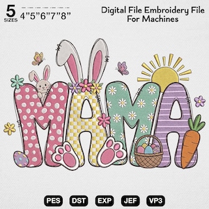Coquette Mama Easter Bunny Embroidery Design, Floral Bunny Lettering Stitch File, Spring Mom Design, Easter Basket Bunny Typography Pattern
