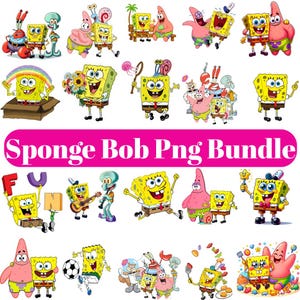 Puede incluir: Una colección de imágenes PNG coloridas de Bob Esponja. Las imágenes presentan a Bob Esponja, Patricio Estrella y otros personajes en varias poses. El texto "Sponge Bob Png Bundle" se muestra en una pancarta rosa.