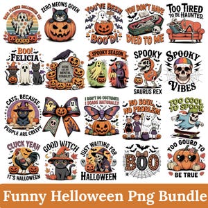 May include: A digital collection of twenty Halloween-themed graphic designs featuring ghosts, skeletons, black cats, pumpkins, and humorous text such as Zero Meows Given, Spooky Vibes, and Too Gourd To Be True, arranged in a grid for print projects.