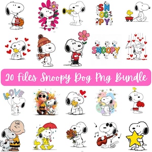 Puede incluir: Una colección de archivos PNG de Snoopy con varias ilustraciones del querido personaje de dibujos animados. Snoopy se representa en diferentes poses, sosteniendo flores, tocando instrumentos y usando accesorios. El texto "20 Files Snoopy Dog Png Bundle" se muestra en rosa.