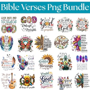 Puede incluir: Un conjunto de diseños de versículos bíblicos en PNG. Cada diseño presenta citas inspiradoras con acentos florales, mariposas y plumas. El texto incluye frases como «Dios es mi refugio» y «crecer en gracia».