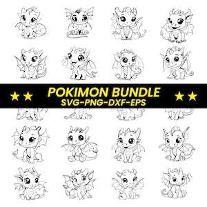 Könnte beinhalten: Eine Sammlung von sechzehn schwarz-weißen Cartoon-Drachen-Illustrationen. Jeder Drache hat einzigartige Merkmale, darunter Hörner und Flügel. Der Text "POKIMON BUNDLE" wird in Gelb zusammen mit Dateitypinformationen angezeigt.