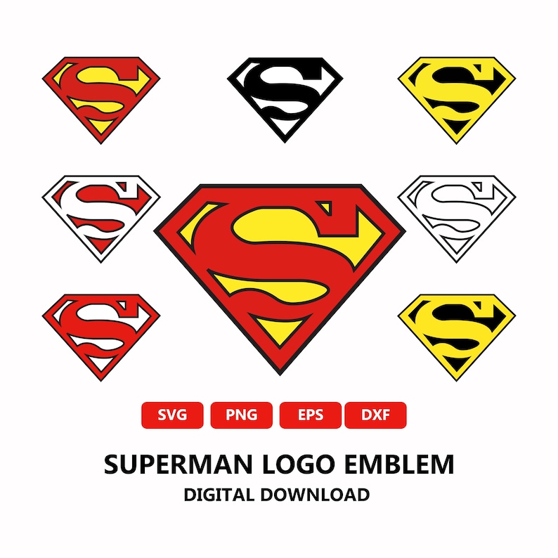 Puede incluir: Una colecci&oacute;n de emblemas del logotipo de Superman en varios estilos. La ic&oacute;nica forma de diamante presenta una 'S' amarilla sobre un fondo rojo, con variaciones en blanco y negro. El texto en la parte inferior dice 'SUPERMAN LOGO EMBLEM DIGITAL DOWNLOAD'.