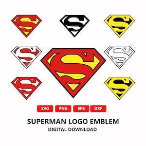 Puede incluir: Una colecci&oacute;n de emblemas del logotipo de Superman en varios estilos. La ic&oacute;nica forma de diamante presenta una 'S' amarilla sobre un fondo rojo, con versiones en negro y contorno. El texto en la parte inferior dice "SUPERMAN LOGO EMBLEM DIGITAL DOWNLOAD."