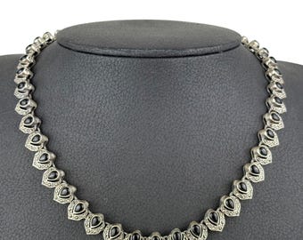 Vintage 925 Sterling Silver Necklace with Black Onyx & Marcasite – 48 cm – 65 g