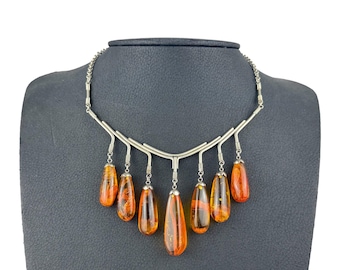 Collar vintage de ámbar báltico en tono plateado, diseño modernista, 38 cm, 36,4 g