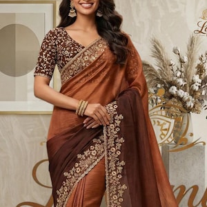 Sari Fandy en mousseline de soie, broderie de paillettes, sari pour tenue de soirée de créateur, tenue d'invitée de mariage