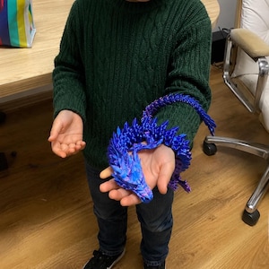 May include: A flexible, articulated dragon figurine featuring a vibrant, iridescent color gradient that shifts between deep blue, purple, and magenta. The dragon has a detailed, scaled texture across its body, a curved tail, and a defined head.