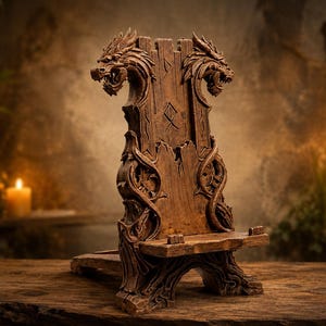Peut inclure: Un support de téléphone en bois marron sculpté avec des détails. Il présente deux têtes de dragon sculptées en haut, des motifs de vigne et des runes. La base imite des racines d'arbre, créant un thème fantastique.