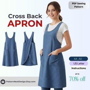 Pode incluir: Um avental de ganga azul com costas cruzadas e bolsos frontais. A imagem mostra o avental numa pessoa e duas ilustrações de aventais. O texto na imagem inclui "Cross Back APRON" e "PDF Sewing Pattern".