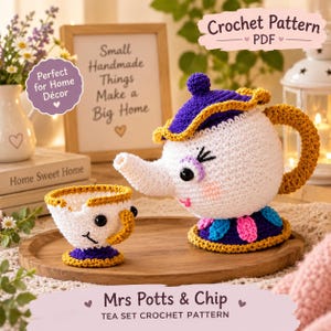 Mrs Potts and Chip Crochet Pattern, Teapot Amigurumi PDF, Beauty and the Beast Inspired Doll, Crochet Tea Cup Pattern, Tea Set