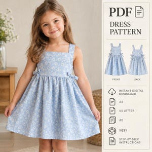 May include: A digital PDF dress pattern featuring a light blue sleeveless dress with a white floral print, square neckline, and side ties. The document includes text for front and back views, instant digital download, A4, US letter, A0 sizes, and instructions.