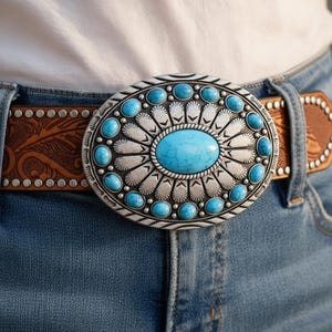Cintura in pelle marrone lavorata con fibbia turchese / Stile cowgirl sud-occidentale / Accessorio di moda per festival boho