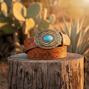 Brown Tooled Leather Belt with Turquoise Buckle | Western Cowboy Belt for Women