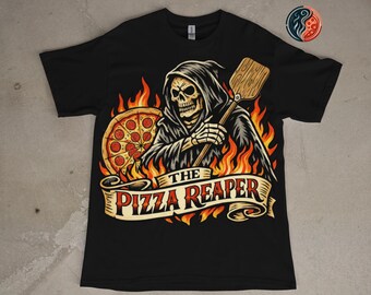 Pizza Reaper T-shirt | T-shirt met skelet Food Lover | Donker nieuwigheidscadeau voor papa | Grimmig Italiaans houtgestookt foodieshirt voor buiten