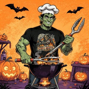 Op de afbeelding: Illustratie van een groenhuidig personage met een koksmuts en een zwart t-shirt met "The Grill Reaper"-afbeelding, grillend boven een houtskoolgrill. Halloween-pompoenen en vleermuizen versieren de oranje achtergrond.