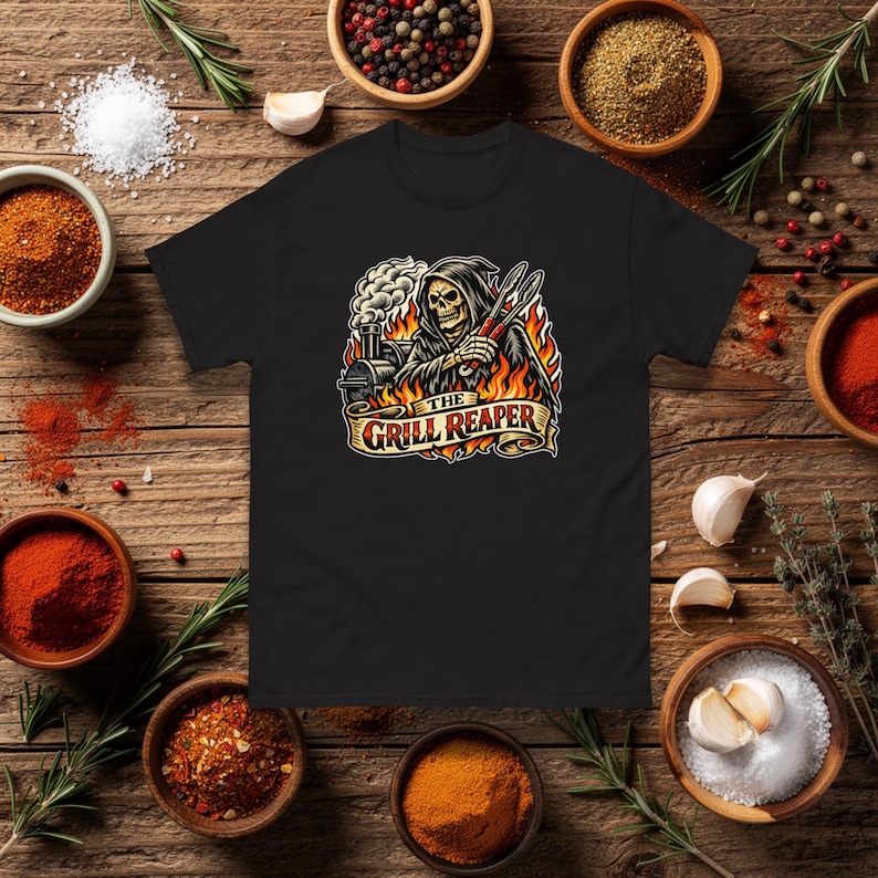 Op de afbeelding: Zwart t-shirt met een afbeelding van de Grim Reaper die een tang vasthoudt voor een grill met vlammen. De tekst "The Grill Reaper" staat onder de afbeelding. Het shirt is omringd door diverse kruiden en specerijen.