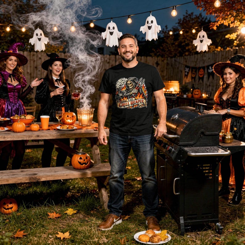 May include: A man in a black t-shirt with a 'Grill Reaper' graphic stands by a black barbecue grill. The image shows a Halloween party with decorations like ghost cutouts and pumpkins. Other people are dressed in Halloween costumes, creating a festive atmosphere.