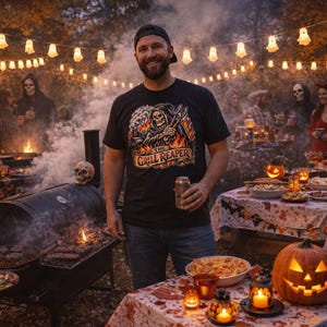 Op de afbeelding: Een Halloween-feest met een barbecue, tafels en decoraties. Een persoon met een zwart t-shirt met "The Grill Reaper"-afbeelding staat voor de grill. Tafels zijn versierd met pompoenen en kaarsen.