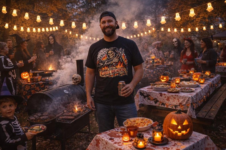 Op de afbeelding: Een Halloween-feest met een barbecue, tafels en decoraties. Een persoon met een zwart t-shirt met "The Grill Reaper"-afbeelding staat voor de grill. Tafels zijn versierd met pompoenen en kaarsen.