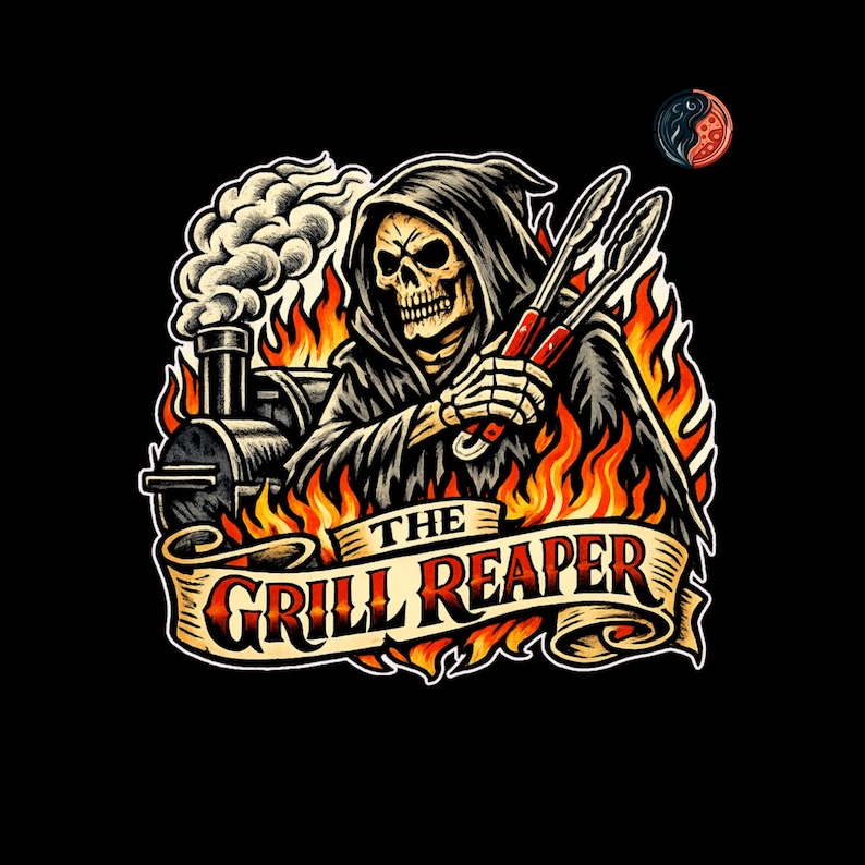 Op de afbeelding: Zwarte afbeelding met een Grim Reaper in een gehoodde mantel met een grilltang, met een smoker en vlammen. De tekst op een banner luidt "The Grill Reaper".
