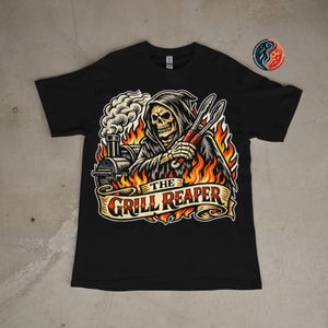 Grappig BBQ-T-shirt | The Grill Reaper | Barbecuecadeau voor papa | Skull-grillshirt | BBQ Lover-T-shirt | Cadeau voor rokers | BBQ-cadeau voor hem afbeelding 1
