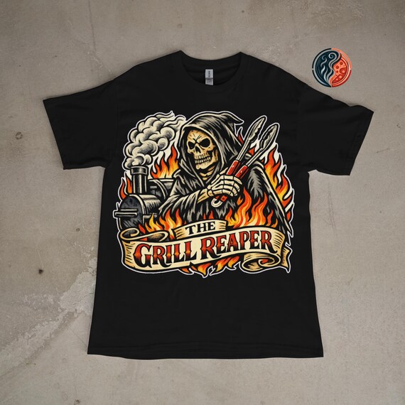 Funny BBQ T-Shirt | The Grill Reaper | Barbecue Gift for Dad | Skull Grill Shirt | BBQ Lover Tee | Smoker Gift | BBQ Gift for Him