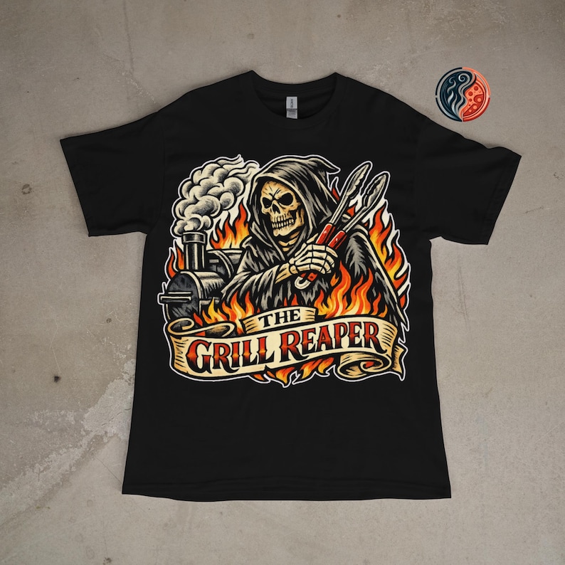 Grappig BBQ-T-shirt | The Grill Reaper | Barbecuecadeau voor papa | Skull-grillshirt | BBQ Lover-T-shirt | Cadeau voor rokers | BBQ-cadeau voor hem afbeelding 1