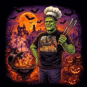 Op de afbeelding: Een Halloween-thema illustratie van Frankenstein als kok die aan het grillen is. Hij draagt een koksmuts en een zwart t-shirt met de tekst "The Grill Reaper". Een volle maan, vleermuizen, pompoenen en een kerkhof maken de enge sc&egrave;ne compleet.