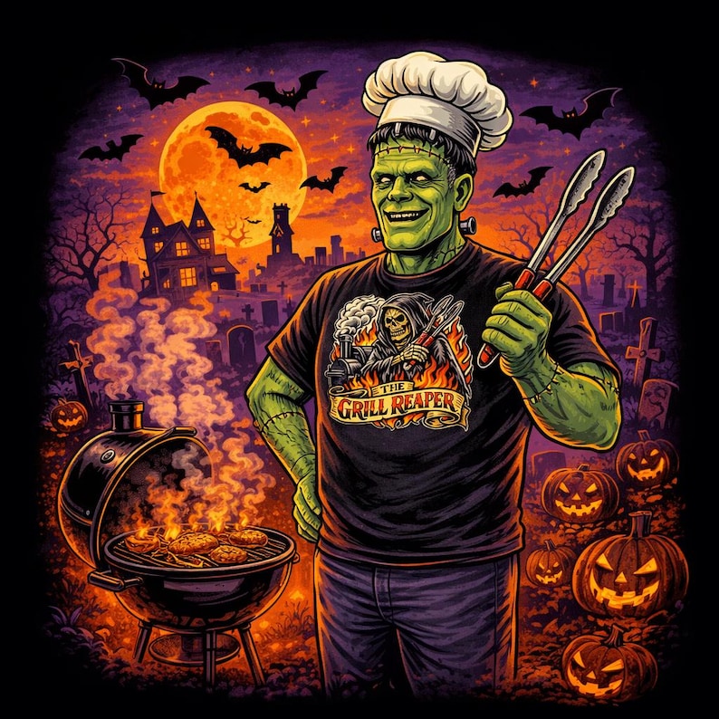 Op de afbeelding: Een Halloween-thema illustratie van Frankenstein als kok die aan het grillen is. Hij draagt een koksmuts en een zwart t-shirt met de tekst "The Grill Reaper". Een volle maan, vleermuizen, pompoenen en een kerkhof maken de enge sc&egrave;ne compleet.