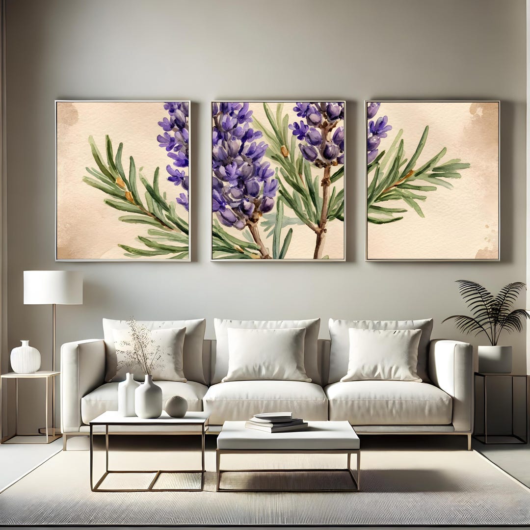 Lavender Rosemary Botanical Print Set, Vintage Herb Garden Triptych ...