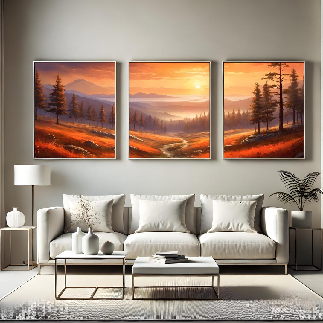 Mountain Sunset Triptych Wall Art, Autumn Pine Forest Landscape ...