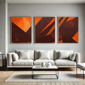 Abstract Geometric Triptych Wall Art, Orange Brown Angular Print, Modern Constructivist 3 Panel Canvas
