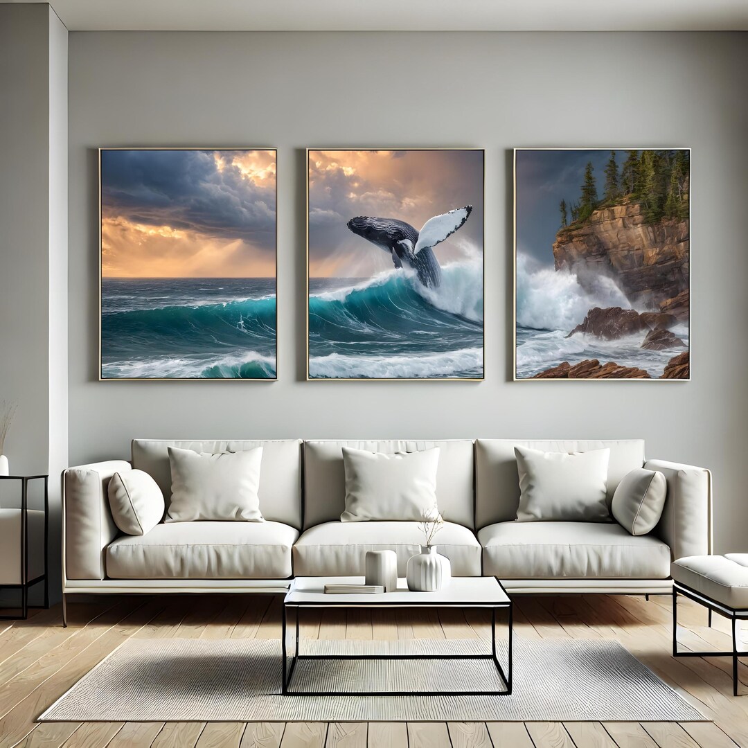Whale Breaching Ocean Triptych Wall Art Set of 3 Humpback Wave Coastal ...