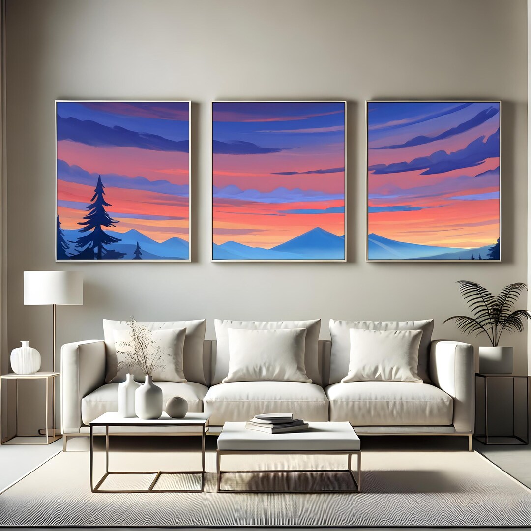 Abstract Sunset Mountain Triptych Wall Art Set, Landscape Canvas Print ...