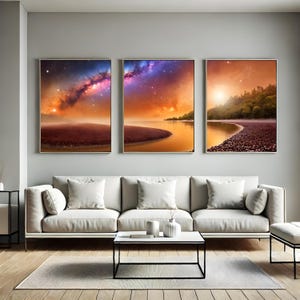 May include: Three framed landscape art prints. The prints depict a night sky with a galaxy, a body of water, and a shoreline. The color palette includes orange, purple, and brown tones. The frames are gold.