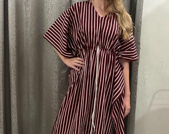 Wine Stripe Cotton Kaftan Dress for Women | Bagru Block Print Caftan | Boho Beach Cover Up | Loose Fit Summer Kaftan | Resort Wear Maxi