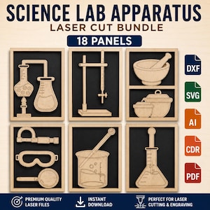 Puede incluir: Un paquete de corte láser de aparatos de laboratorio científico, con 18 paneles con varios diseños de equipos de laboratorio. Los paneles incluyen vasos de precipitados, matraces, un mortero y una maja, y otras herramientas científicas. El texto en la imagen dice "SCIENCE LAB APPARATUS LASER CUT BUNDLE 18 PANELS."