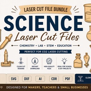 May include: A digital laser cut file bundle with science-themed designs. The image shows laboratory equipment like beakers, flasks, and a microscope. Text includes "SCIENCE Laser Cut Files" and "Perfect for CO2 Laser Cutting."