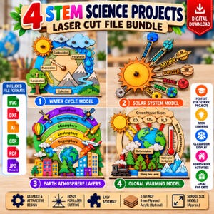 May include: A digital download bundle of 4 laser cut STEM science project files featuring a water cycle model, a solar system model, earth atmosphere layers, and a global warming model, all displayed with colorful wooden components and text labels.