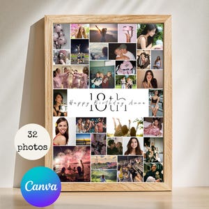 May include: A wooden framed photo collage with 32 photos. The collage includes the text "Happy Birthday Anna" and "18th". A Canva logo is in the bottom left corner. The photos are of people and events.