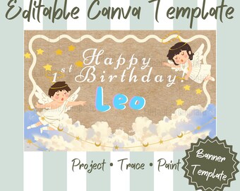 天使の誕生日バナーCanvaテンプレート、編集可能な1歳の誕生日サイン、天体をテーマにしたベビーシャワーデコレーション、天国テーマのパーティーバナー、印刷可能なポスター