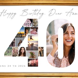 Può includere: Un collage di compleanno incorniciato con un bordo dorato. Il numero "40" è formato da un collage di foto. Il lato destro dello "0" presenta una donna sorridente. Sono presenti anche i testi "Happy Birthday, Dear Anna" e "June 24th 2026".
