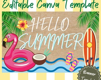 Hello Summer Party Banner Canva Template, Editable Tropical Summer Sign, Beach Party Decor, Flamingo Pool Party Banner, Printable Poster
