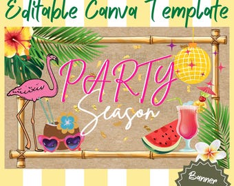 トロピカルフラミンゴパーティーバナーCanvaテンプレート、編集可能な夏の誕生日サイン、誕生日デコレーション、プールパーティーポスター、印刷可能なルアウバナー