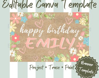 Editable Birthday Banner Template for Girls, Floral Birthday Banner Canva Template, Pastel Party Decor, DIY Birthday Sign, Instant Download