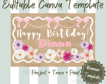 Editable Floral Birthday Banner Template, Pink Birthday Party Sign Canva Template, Girl Birthday, DIY Printable Decor, Instant Download