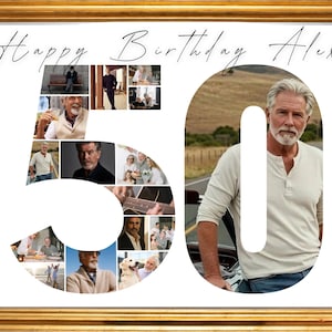 Könnte beinhalten: Eine gerahmte Fotocollage mit goldenem Rand. Das Bild zeigt den Text "Happy Birthday Alex" über einer großen "50", die aus kleineren Fotos besteht. Die rechte Seite der "0" enthält ein Foto eines Mannes.